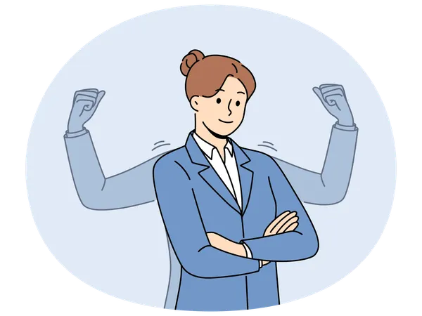 Femme d'affaires forte debout avec les bras croisés près de biceps imaginaires  Illustration