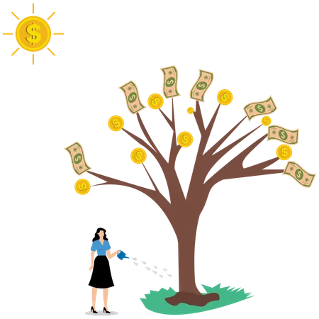 Femme d'affaires gérant un arbre financier  Illustration