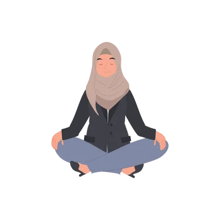 Femme d'affaires islamique tranquille en méditation pour un espace de travail paisible  Illustration