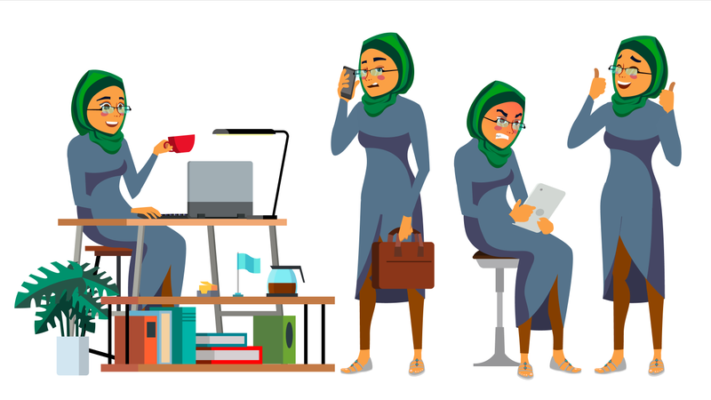 Femme d'affaires en démarrage informatique avec diverses poses, situations  Illustration