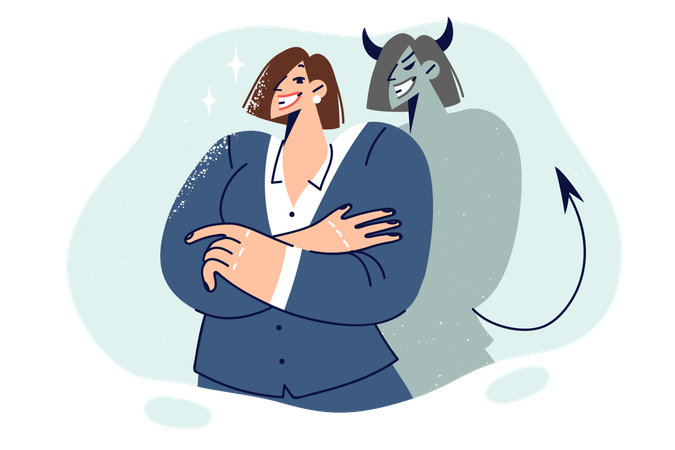 Femme d'affaires jetant l'ombre du diable debout avec les bras croisés  Illustration