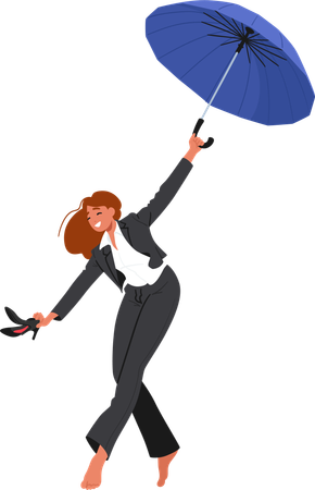 Femme d'affaires joyeuse volant avec un parapluie bleu par temps venteux  Illustration