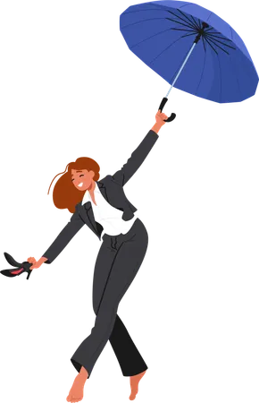 Femme d'affaires joyeuse volant avec un parapluie bleu par temps venteux  Illustration