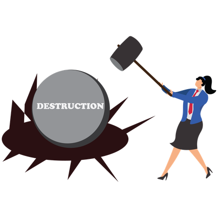 Une femme d'affaires jette un marteau sur la destruction  Illustration