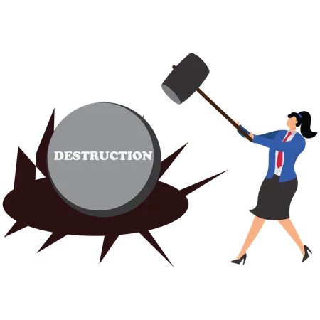 Une femme d'affaires jette un marteau sur la destruction  Illustration