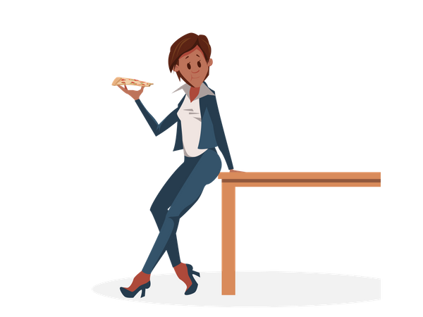 Femme affaires, manger, pizza  Illustration