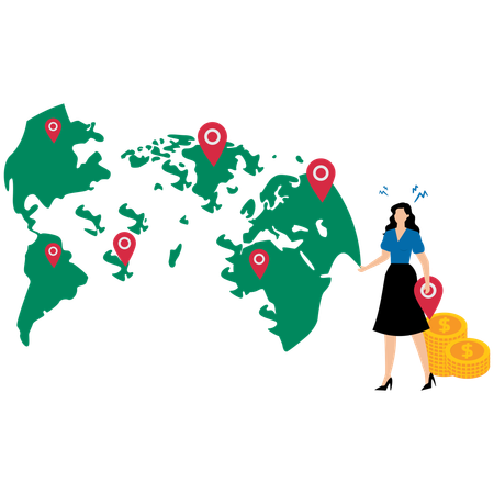 Une femme d'affaires marque des points sur un globe  Illustration