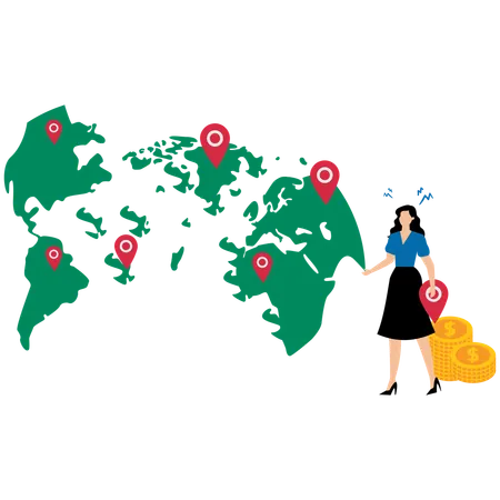 Une femme d'affaires marque des points sur un globe  Illustration