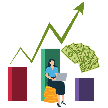 Femme d'affaires maximisant la croissance des revenus de l'entreprise  Illustration