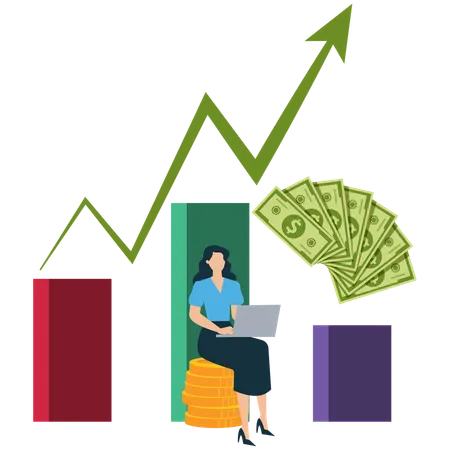 Femme d'affaires maximisant la croissance des revenus de l'entreprise  Illustration