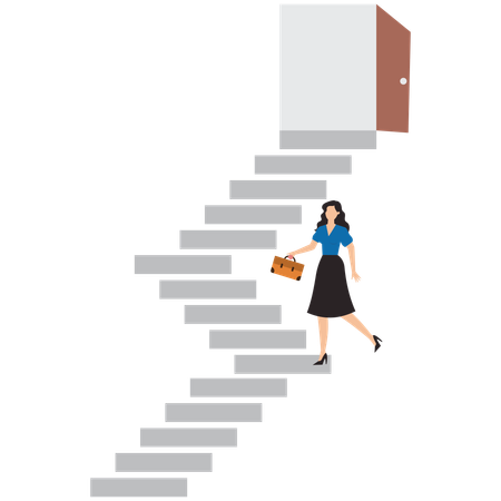 Une femme d'affaires monte un escalier pour trouver une porte d'opportunité ouverte  Illustration