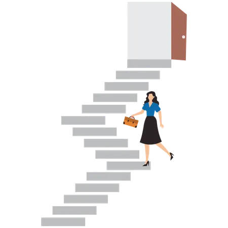 Une femme d'affaires monte un escalier pour trouver une porte d'opportunité ouverte  Illustration