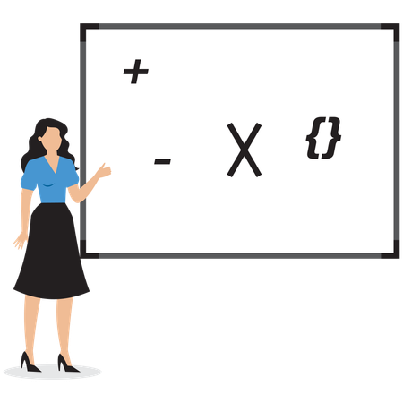 Femme d'affaires montrant différents symboles mathématiques  Illustration