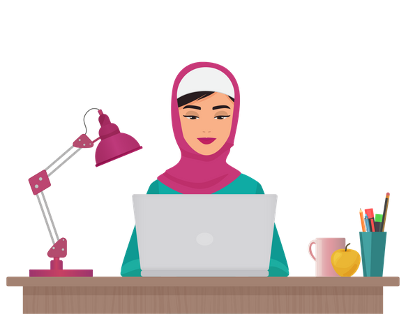Femme d'affaires musulmane travaillant sur un ordinateur portable  Illustration