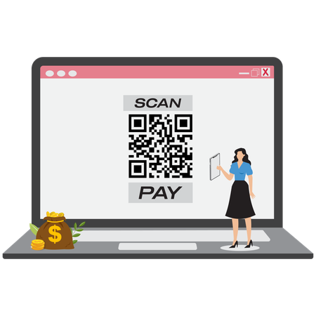 Femme d'affaires payant en ligne via un code QR  Illustration