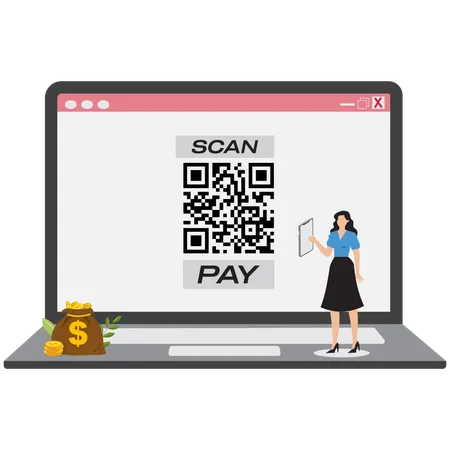 Femme d'affaires payant en ligne via un code QR  Illustration