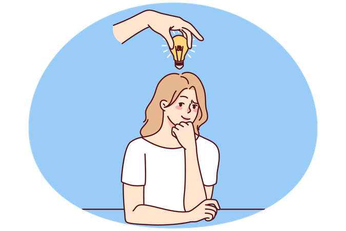 Femme d'affaires pensive avec une ampoule au-dessus de la tête  Illustration