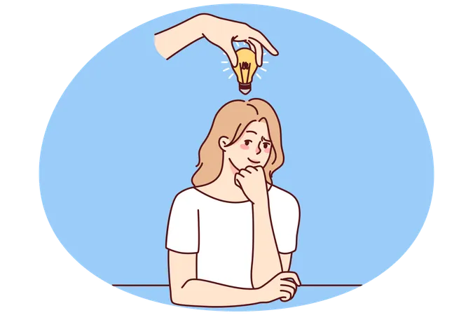 Femme d'affaires pensive avec une ampoule au-dessus de la tête  Illustration