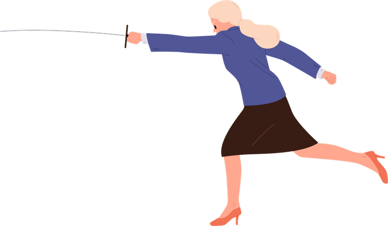 Personnage de femme d'affaires se battant avec une épée démontrant un esprit de compétition  Illustration