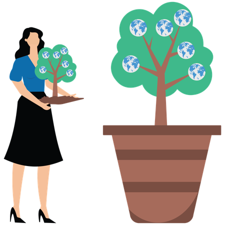 Une femme d'affaires plante un arbre pour un arbre mondial  Illustration