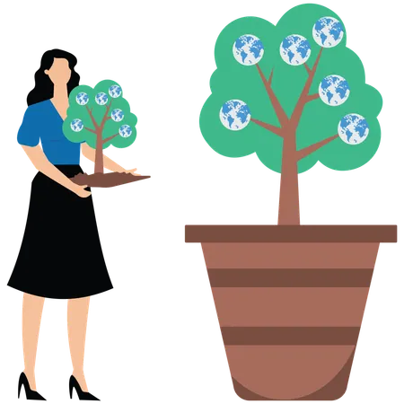 Une femme d'affaires plante un arbre pour un arbre mondial  Illustration
