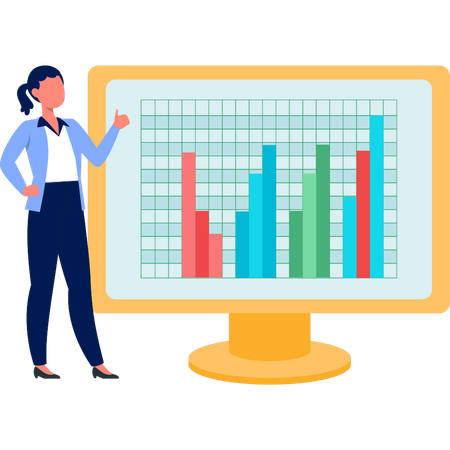 Femme d'affaires pointant sur le graphique à barres sur le moniteur  Illustration