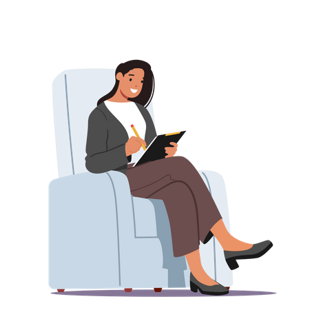 Femme d'affaires portant des vêtements formels et assise dans un fauteuil  Illustration