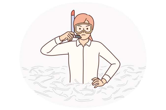 Femme d'affaires en masque de plongée se trouve dans une pile de papier pour le besoin de concept de gestion de crise  Illustration