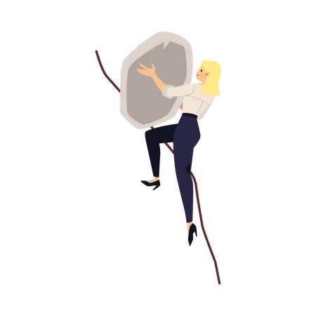 Une femme d'affaires pousse une pierre lourde en montée  Illustration