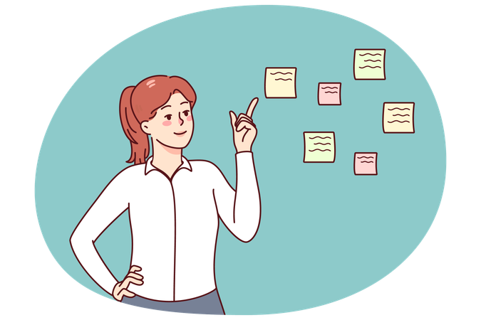 Une femme d'affaires priorise sa liste de choses à faire sur des notes  Illustration