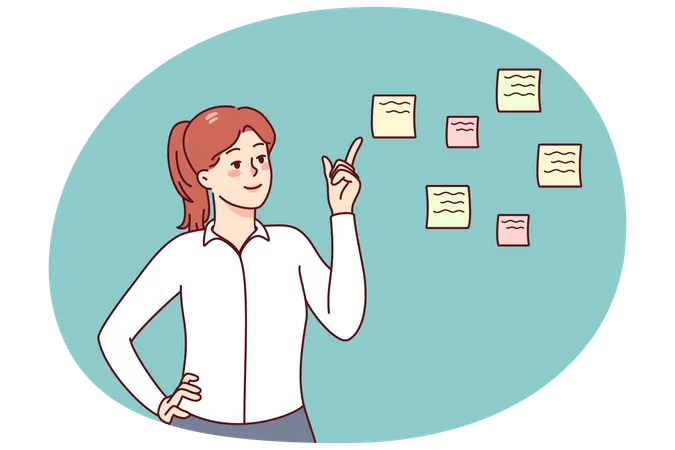 Une femme d'affaires priorise sa liste de choses à faire sur des notes  Illustration