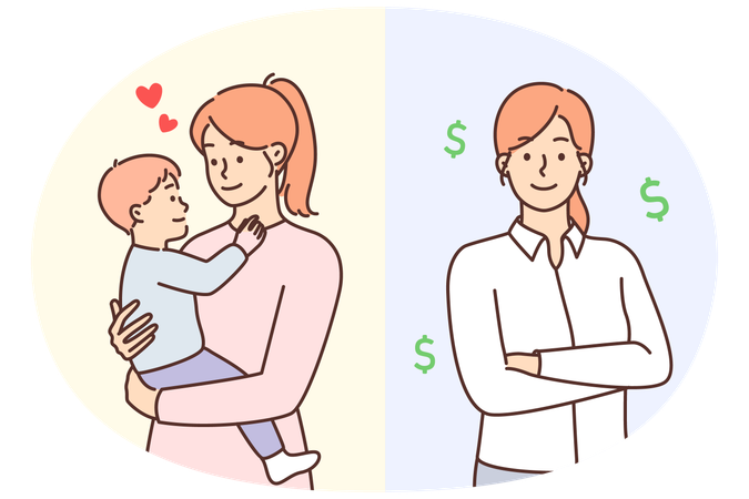 Femme d'affaires prospère debout avec les bras croisés près d'une jeune mère aimante avec un petit bébé dans les bras  Illustration