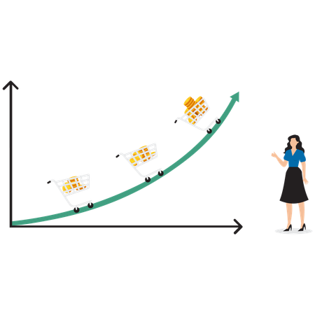 Femme d'affaires regardant des graphiques en hausse avec de plus en plus de pièces d'or à l'intérieur des chariots  Illustration