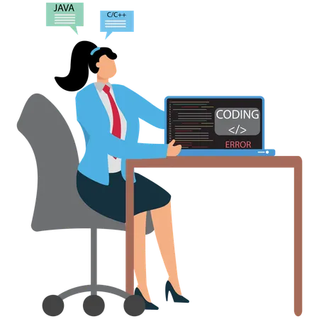 Femme d'affaires regardant du codage sur un ordinateur portable  Illustration