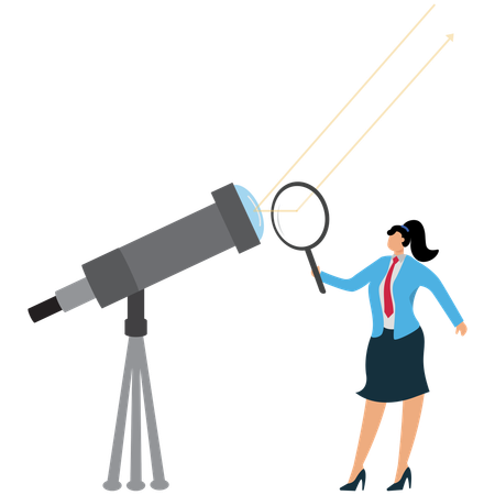 Femme d'affaires regardant un objectif de télescope avancé  Illustration