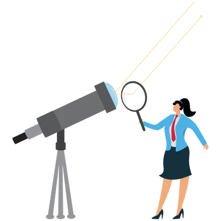 Femme d'affaires regardant un objectif de télescope avancé  Illustration
