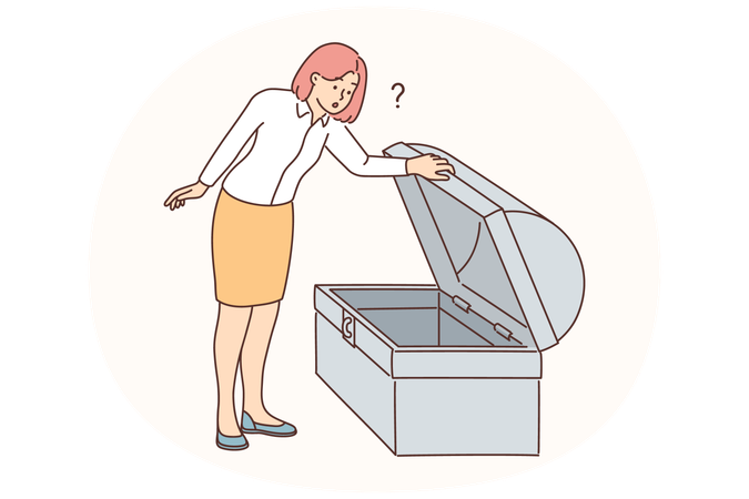 Une femme d'affaires regarde dans un coffre au trésor vide  Illustration