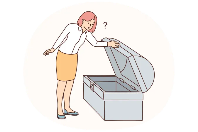 Une femme d'affaires regarde dans un coffre au trésor vide  Illustration