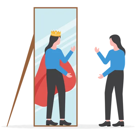 Une femme d'affaires se regarde dans le miroir et voit une super reine  Illustration