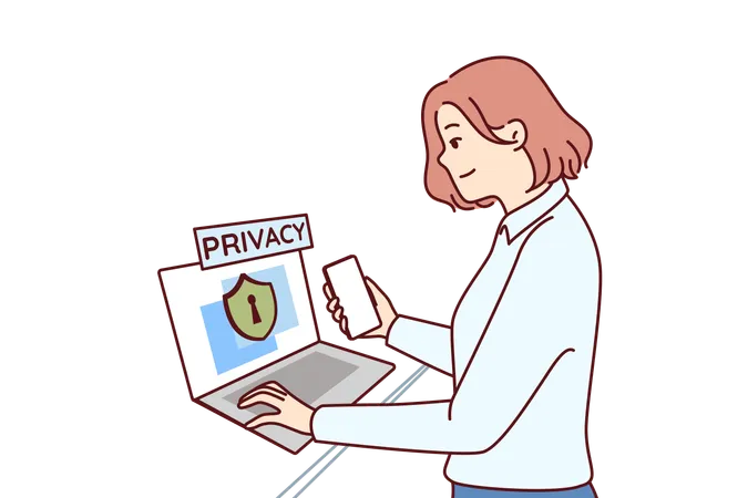 Une femme d'affaires s'occupe de la cybersécurité, debout à côté d'un ordinateur portable avec inscription de confidentialité  Illustration