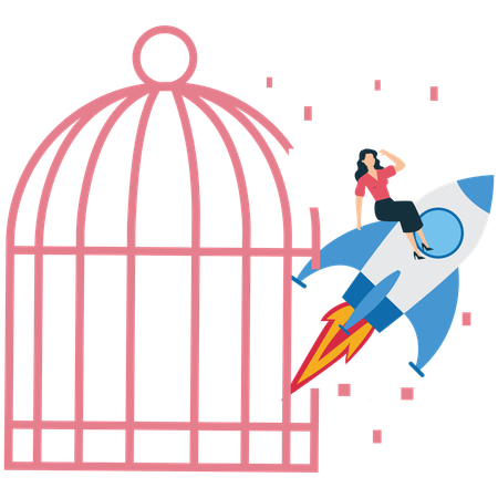 Une femme d'affaires sort de sa cage alors qu'elle travaille sur le démarrage d'une nouvelle entreprise  Illustration