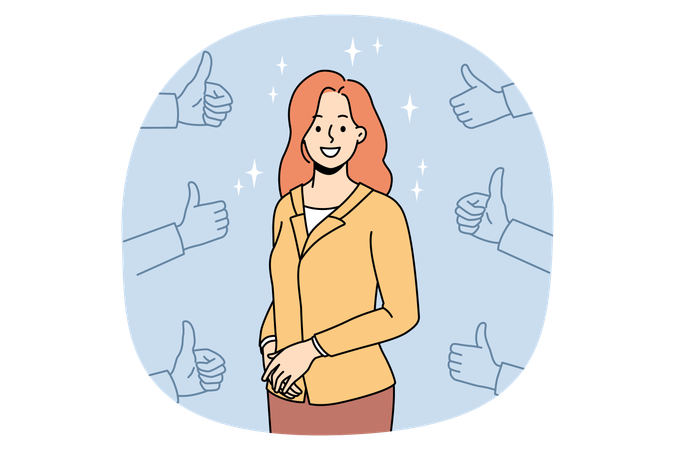 Femme d'affaires souriante entourée de pouces levés  Illustration