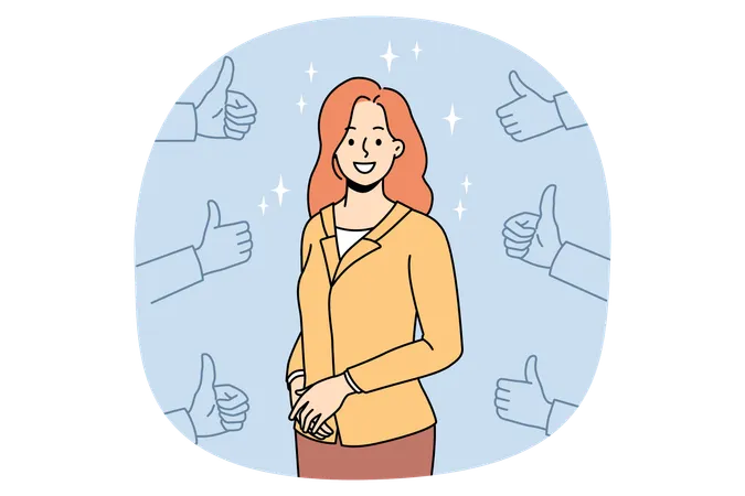 Femme d'affaires souriante entourée de pouces levés  Illustration