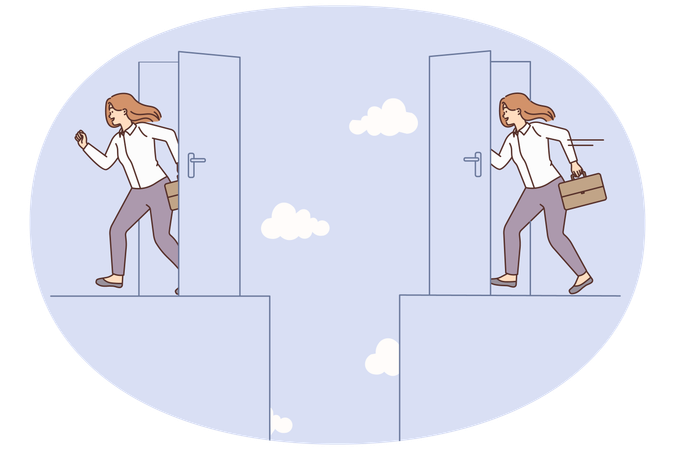 Une femme d'affaires souriante entre par la porte de raccourci et trouve une solution  Illustration