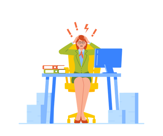 Femme d'affaires stressée assise avec des éclairs et des points d'exclamation au-dessus de la tête  Illustration