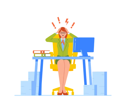 Femme d'affaires stressée assise avec des éclairs et des points d'exclamation au-dessus de la tête  Illustration