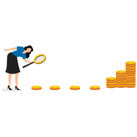 Femme d'affaires suivant les points de la monnaie avec une loupe  Illustration