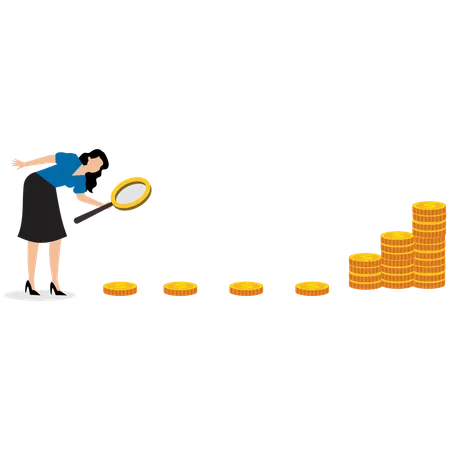 Femme d'affaires suivant les points de la monnaie avec une loupe  Illustration