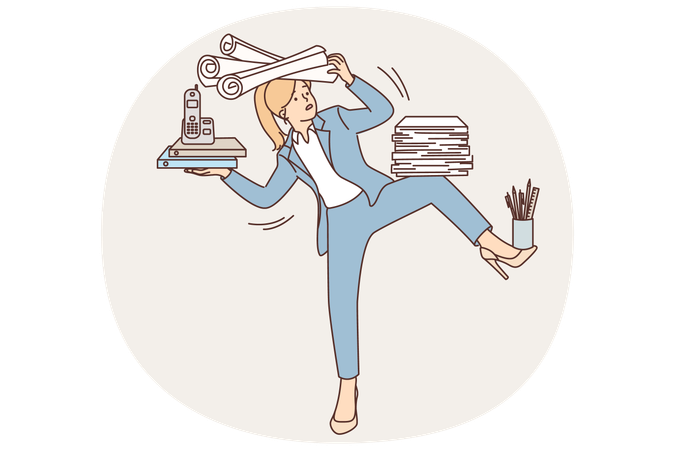 Femme d'affaires tenant des fournitures de bureau et tombant à cause d'une surcharge de travail  Illustration