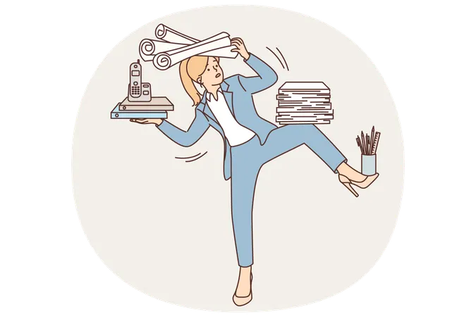 Femme d'affaires tenant des fournitures de bureau et tombant à cause d'une surcharge de travail  Illustration
